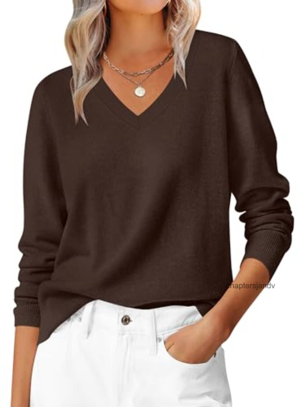 Women's Long Sleeve V Neck Pullover Sweater Lightweight Knit Top
